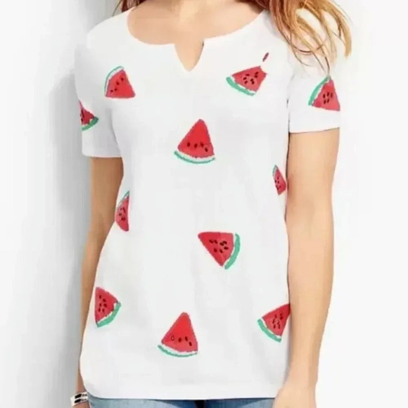 TALBOTS | BEADED WATERMELON SHORT SLEEVE TEE - Picture 1 of 13